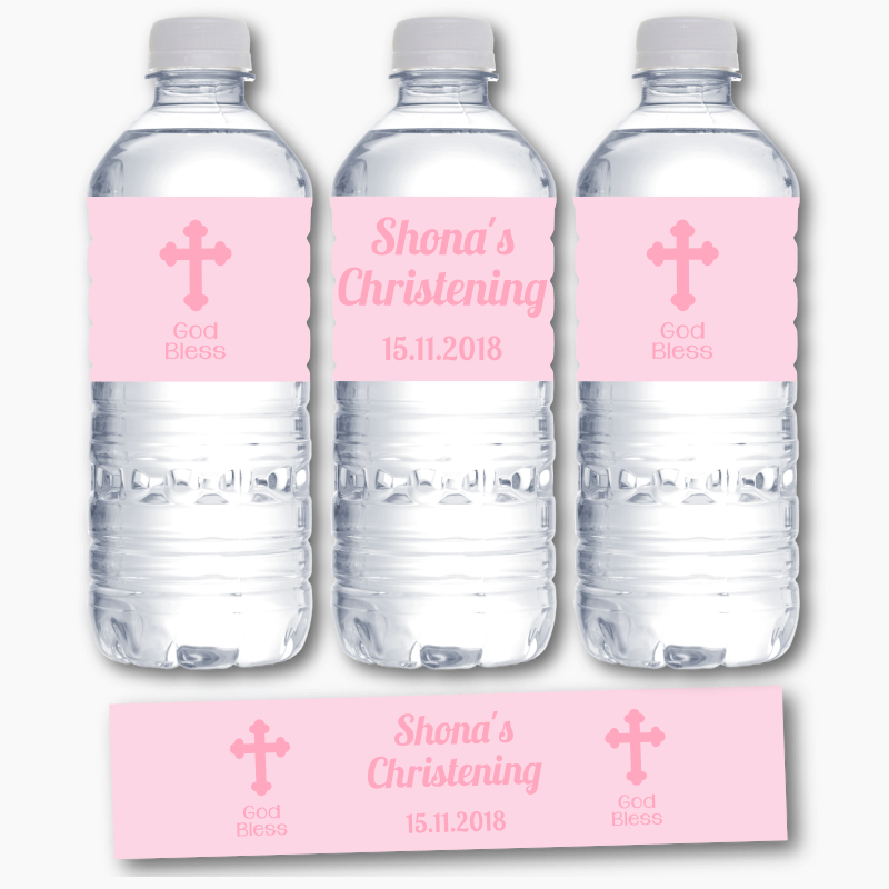 Personalised Pink Crucifix Christening Water Bottle Labels