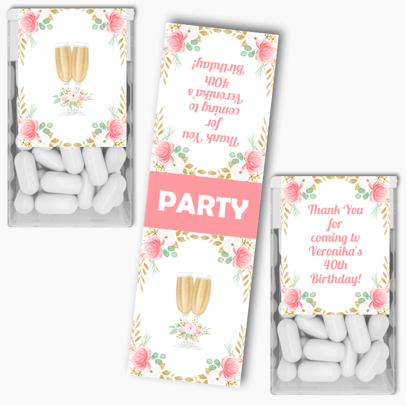 Personalised Pink &amp; Gold Floral Birthday Party Tic Tac Labels