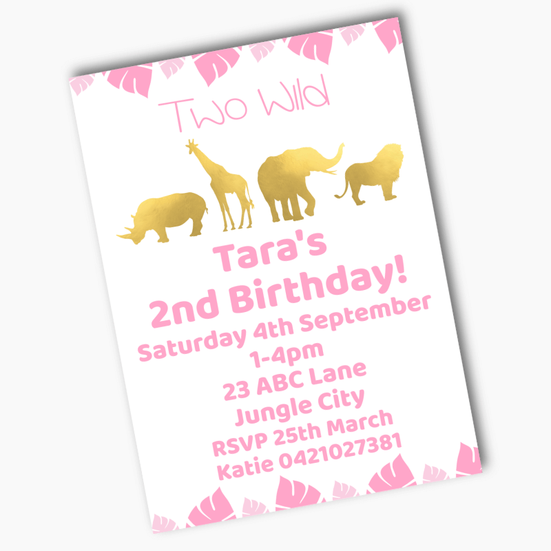 Personalised Pink & Gold Safari Jungle Animals Two Wild Invites