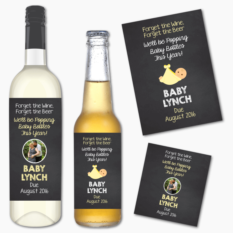 Personalised Popping Baby Bottles Pregnancy Announcement Wine &amp; Beer Labels