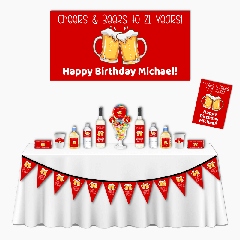 Personalised Cheers & Beers Deluxe Birthday Party Pack 12 x Guests / Red